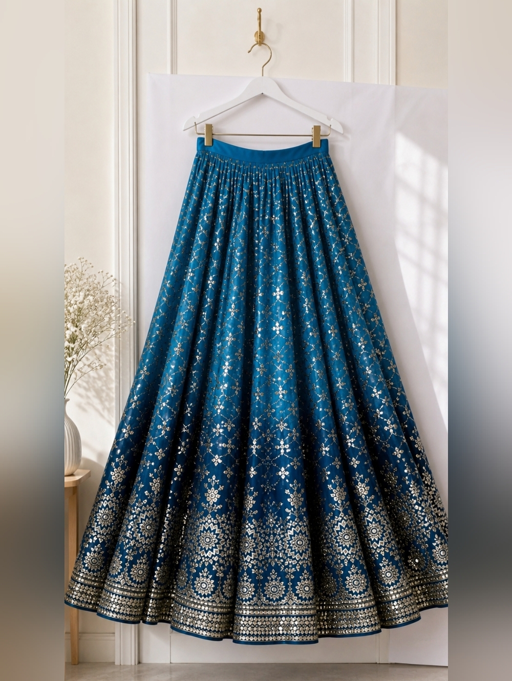 Rama Blue/ Teal Blue Embroidered Lehenga Choli Set - Size 8 - Picture 4 of 8